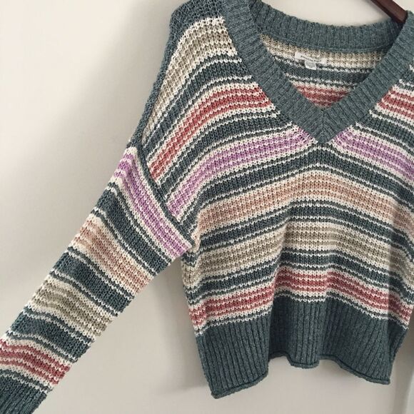 American Eagle V Neck Boxy Slouchy Stripe Knit Sweater | Size XS - Picture 1 of 7